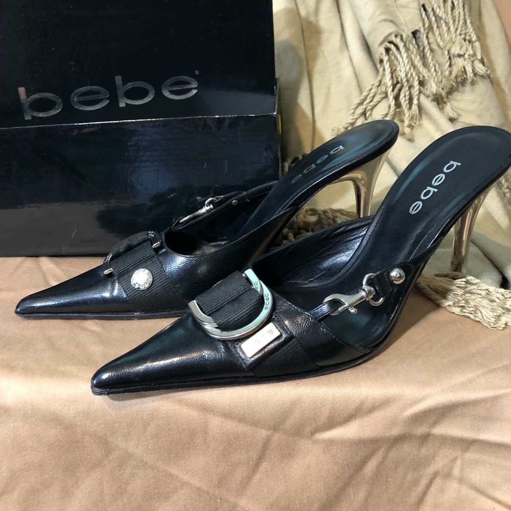 Black Leather Bebe Pumps